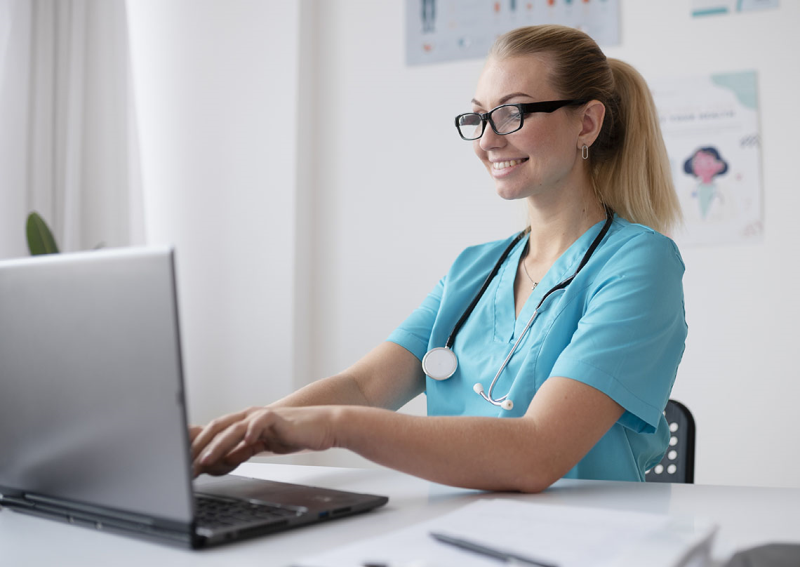 Photo of nurse at laptop typing and smiling