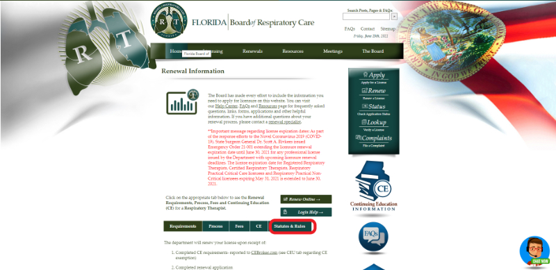 Laws And Rules Florida Respiratory Care Board RT Ceus