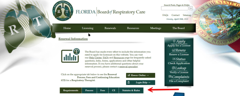 photo of florida respiratory care board website