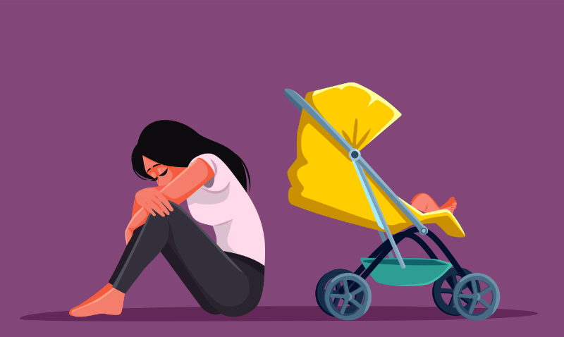graphic with depressed woman with baby in stroller 