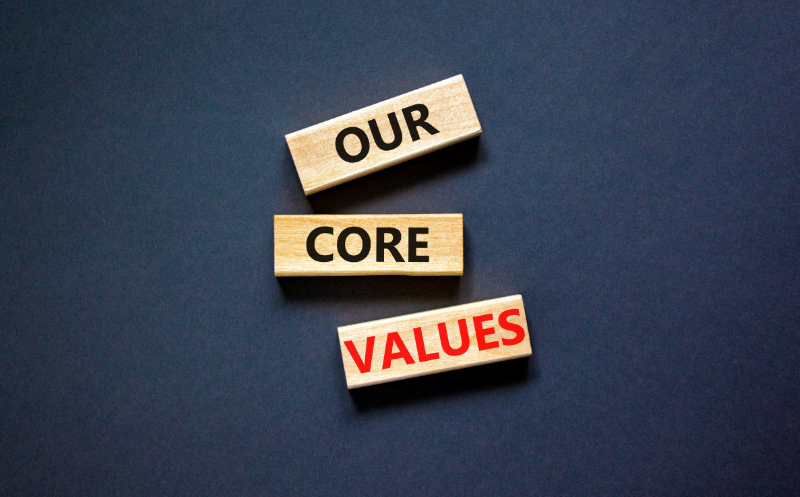 photo of wooden blocks with our core values printed on them