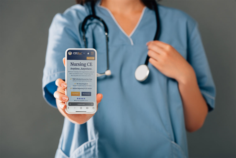 Image of a nurse holding a cell phone that displays the homepage of CEUfast.com