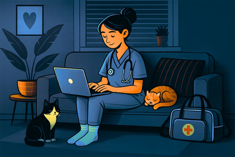 AI-generated image of a nurse sitting on her couch with her laptop with her cats curled up next to her