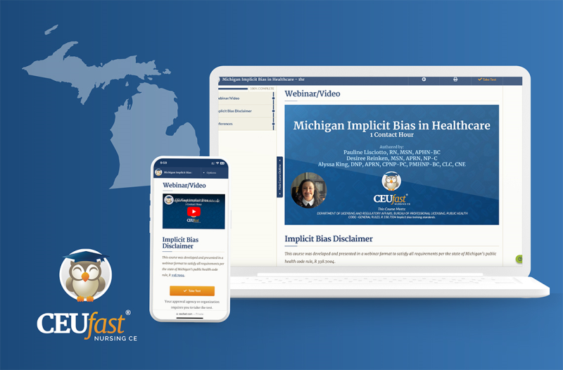 Graphic of Michigan implicit bias course shown on a laptop and phone