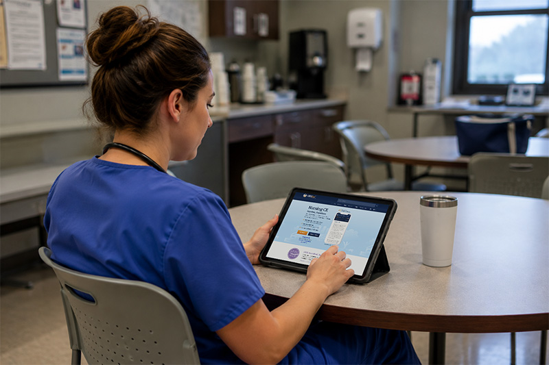 Nurse using a tablet in breakroom