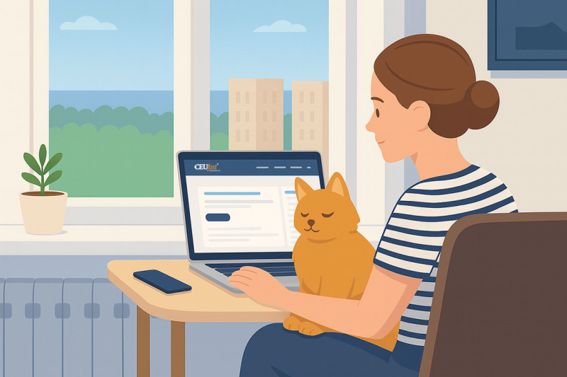 Illustrated image of a woman sitting at her desk completing nursing ceus with a cat in her lap