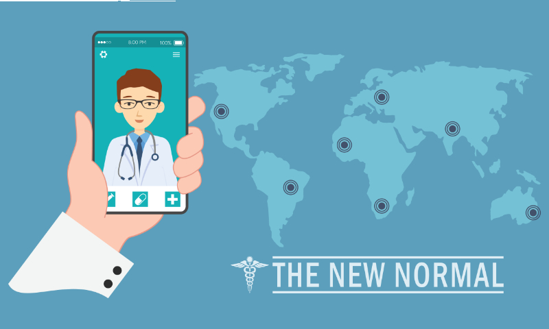 graphic showing world map, cellphone displaying doctor and text of the new normal